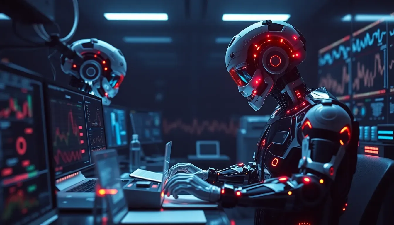مشهد مختبر مستقبلي مع نماذج ذكاء اصطناعي تحلل البيانات