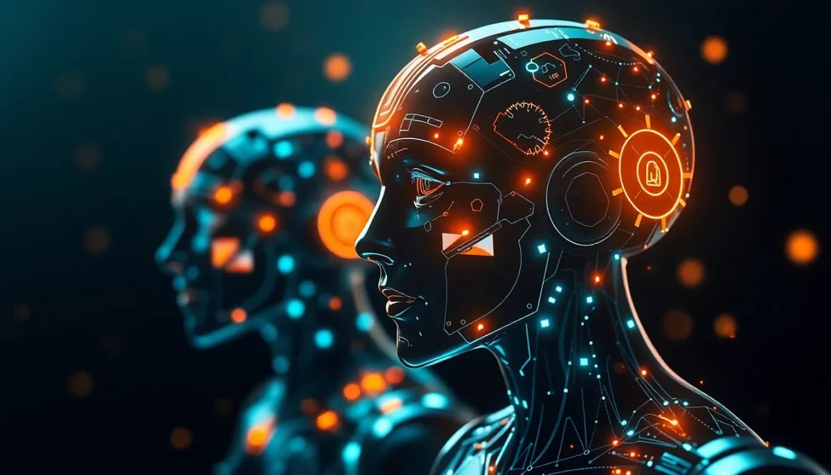 نماذج الذكاء الاصطناعي مع رموز رقمية وتيارات بيانات