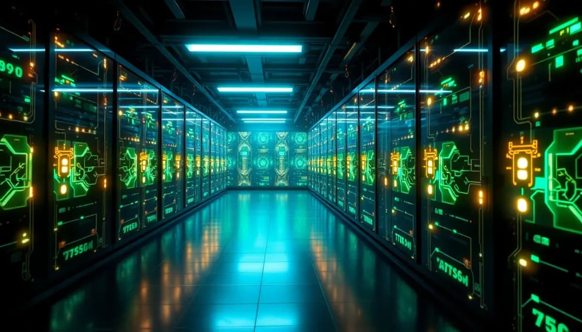 صورة لمركز بيانات مستقبلي مزود بشرائح AI متوهجة