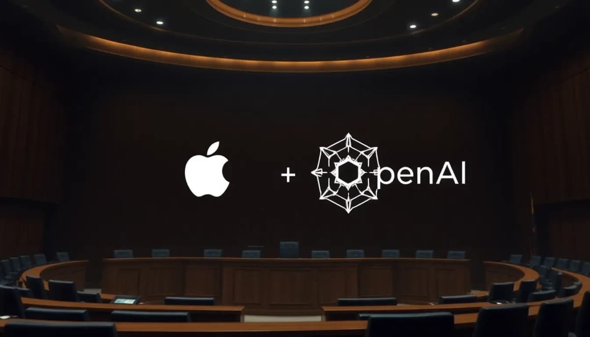 صورة لمشهد في المحكمة تتضمن شعاري آبل وOpenAI