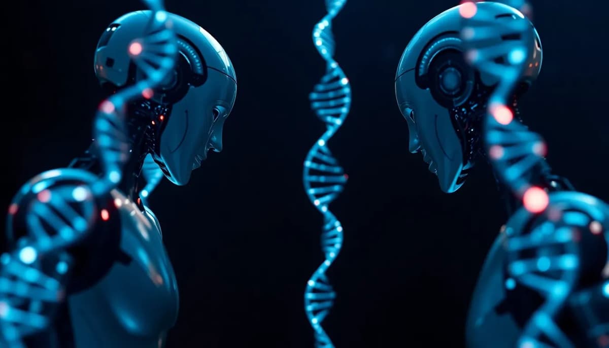 مشهد تفاعلي بين نماذج الذكاء الاصطناعي وسلسلة DNA في مختبر