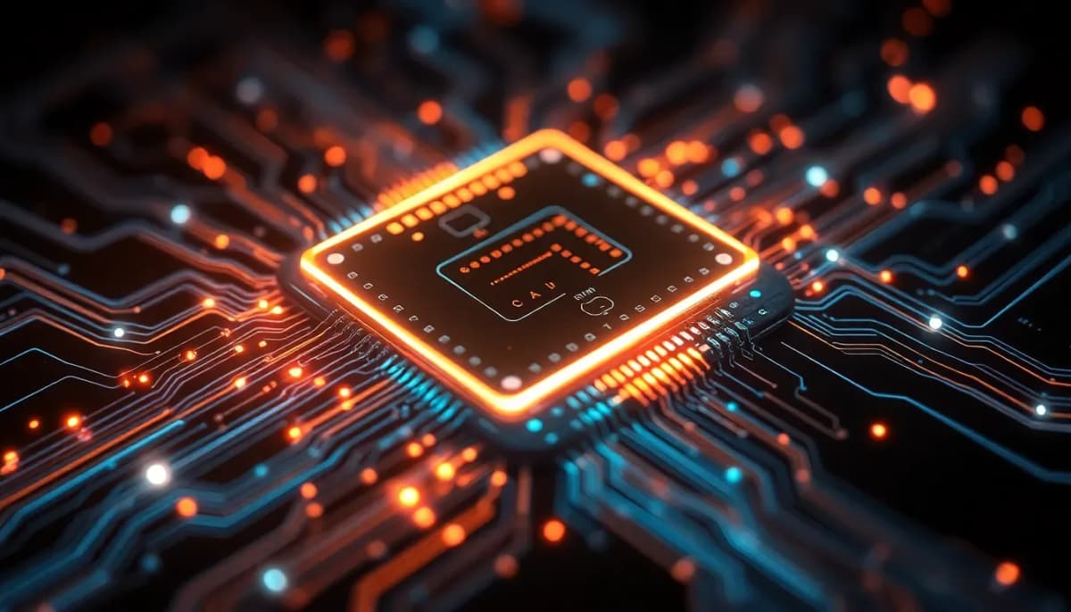 رقاقة ذكاء اصطناعي مستقبلية مع دوائر مضيئة وتدفق بيانات رقمي
