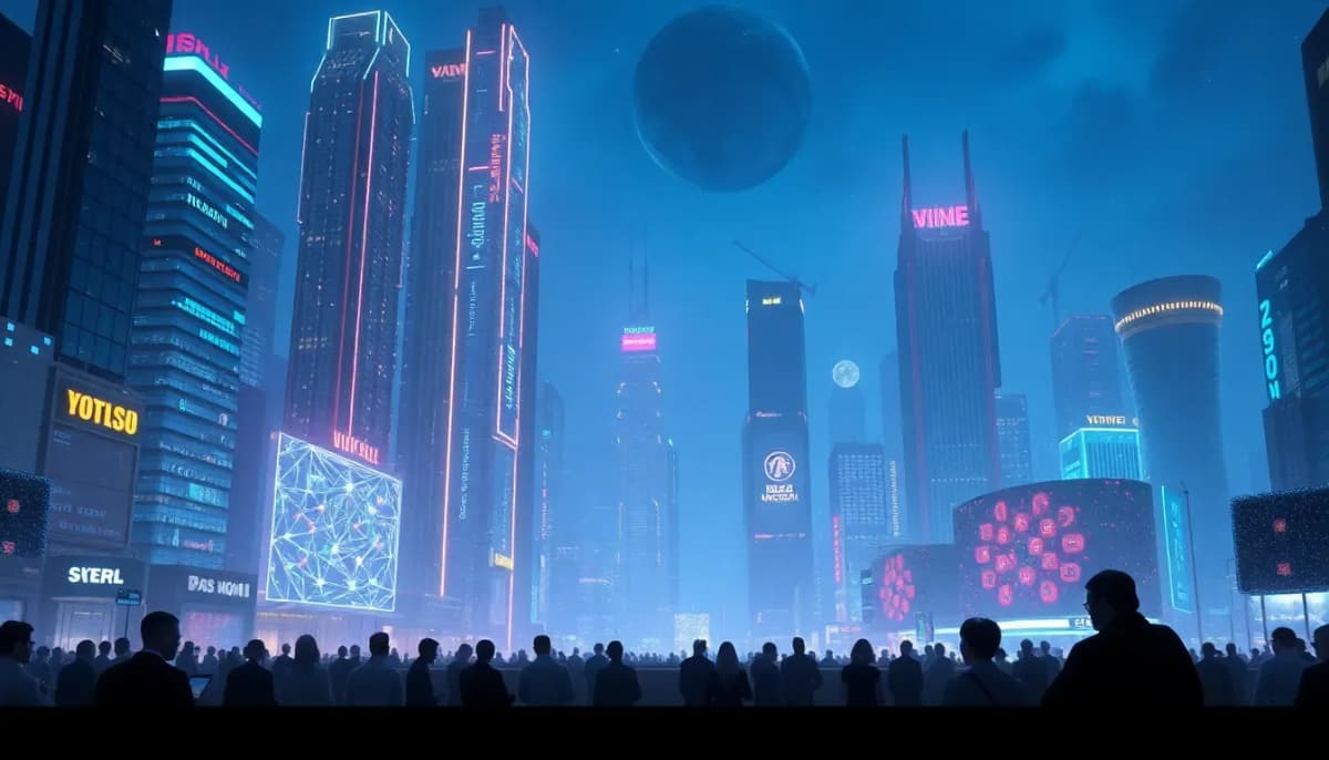 مدينة مستقبلية مع هولوجرامات AI.