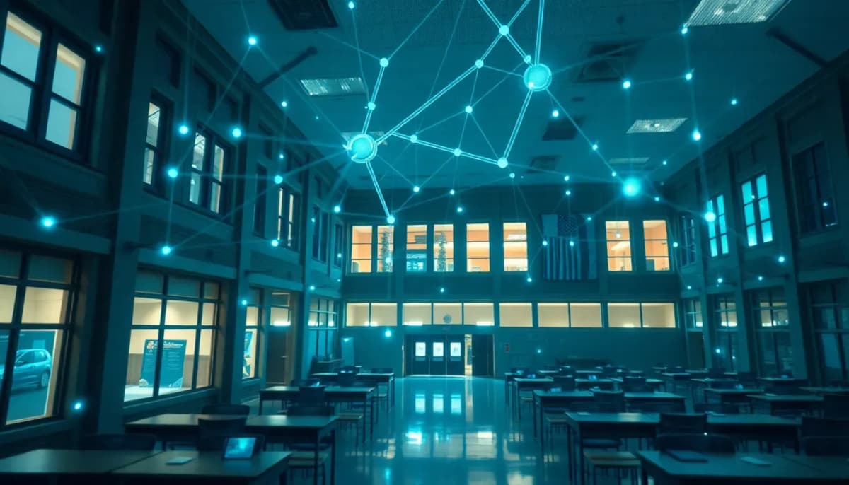 تمثيل رمزي لتقاطع تقنيات الذكاء الاصطناعي مع المؤسسات التعليمية والحكومية